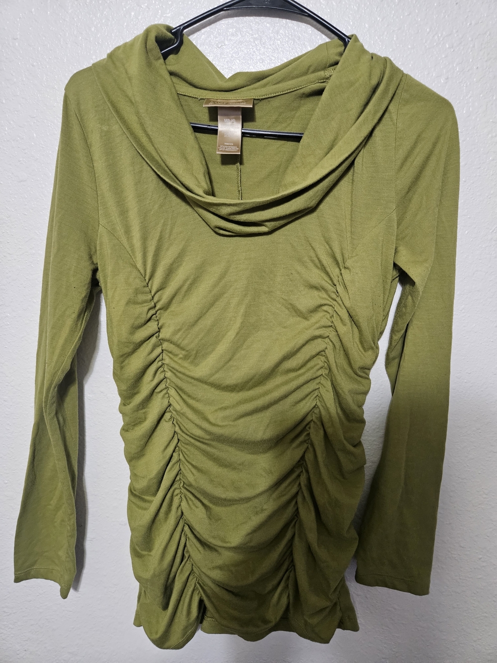 Ruched Cowl Neck Long Sleeve Top - Olive Green